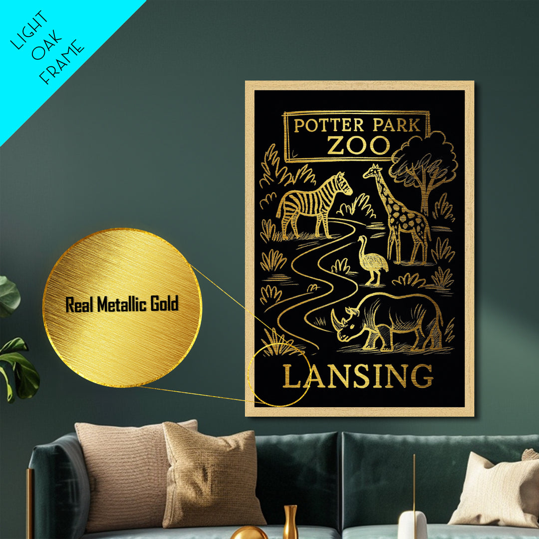 Lansing Michigan travel, Metallic Gold Print, Closing Gift, Metal Art, Wood Framed Art, Anniversary Travel Gift, Retirement Travel Gift