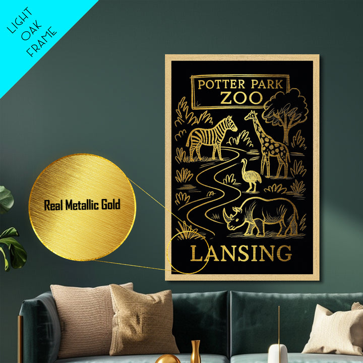 Lansing Michigan travel, Metallic Gold Print, Closing Gift, Metal Art, Wood Framed Art, Anniversary Travel Gift, Retirement Travel Gift