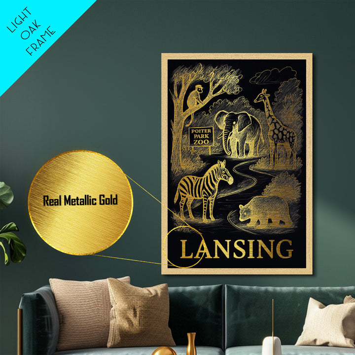 Lansing Michigan art, Metallic Gold Art, Office Decor, Metal Art, Wood Framed Art, Graduation Travel Gift, Destination Gift