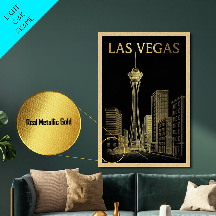 Las Vegas Nevada travel, Metallic Gold Print, Modern Skyline Wall Print, Metal Art, Wood Framed Art, Adventure Lover Gift, Travel Gift
