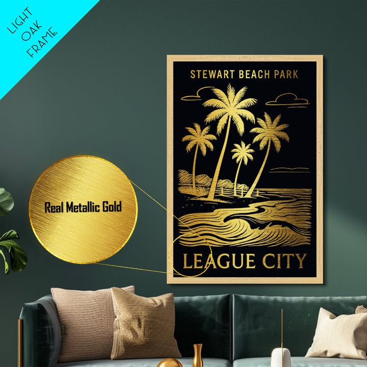 League City Texas art, Metallic Gold Art, Office Decor, Metal Art, Wood Framed Art, Graduation Travel Gift, Destination Gift