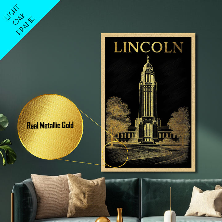 Lincoln Nebraska travel, Metallic Gold Print, Modern Skyline Wall Print, Metal Art, Wood Framed Art, Adventure Lover Gift, Travel Gift