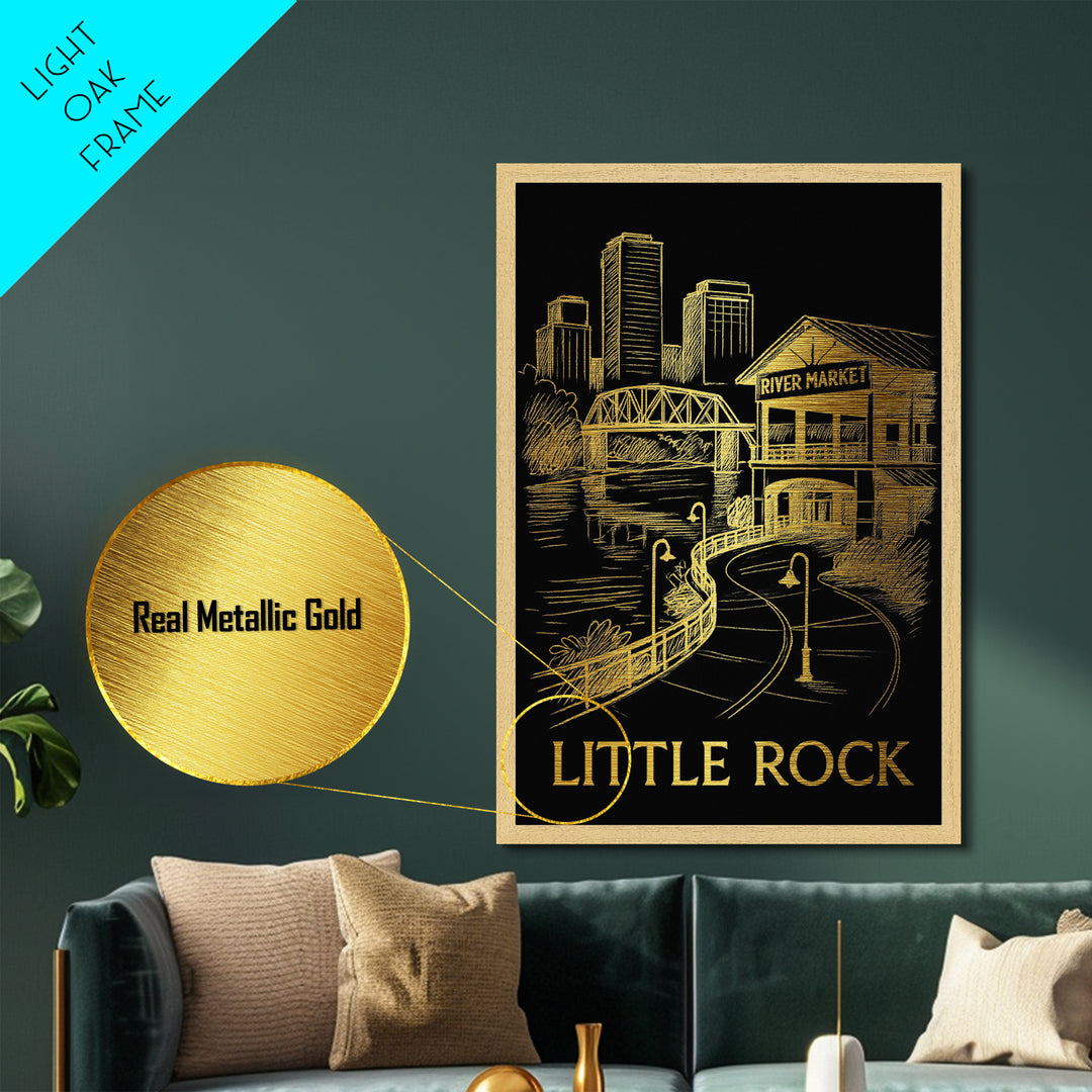 Little Rock Arkansas art, Metallic Gold Art, Office Decor, Metal Art, Wood Framed Art, Graduation Travel Gift, Destination Gift