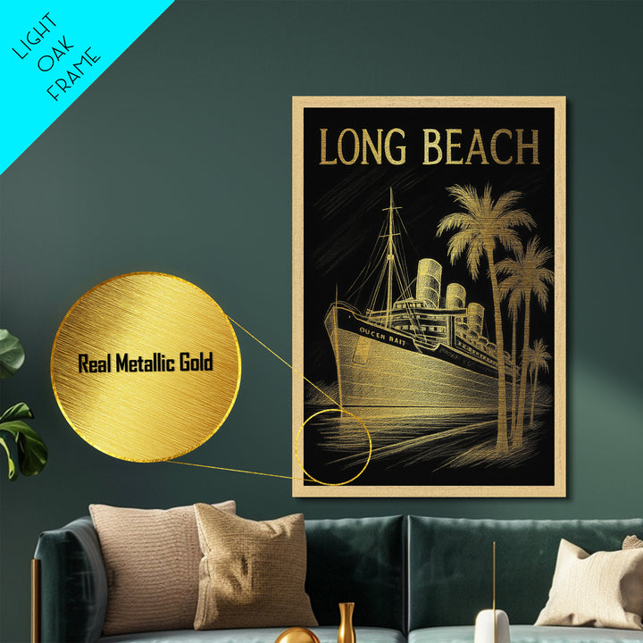 Long Beach California travel, Metallic Gold Print, Modern House Art, Metal Art, Wood Framed Art, Traveler Gift, Destination Gift