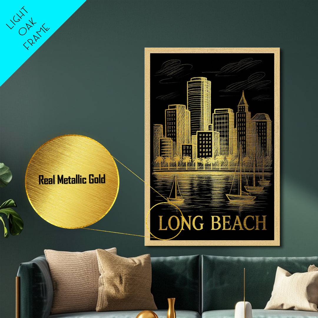 Long Beach California art, Metallic Gold Art, Modern House Art, Metal Art, Wood Framed Art, Graduation Travel Gift, Travel Gift