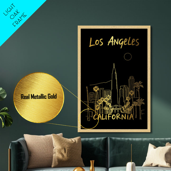 Los Angeles California travel, Metallic Gold Print, College Dorm Décor, Metal Art, Wood Framed Art, Graduation Travel Gift, Traveler Gift