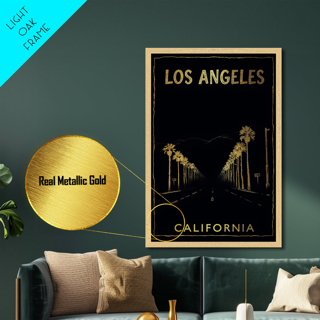 Los Angeles California travel, Metallic Gold Print, Modern Skyline Wall Print, Metal Art, Wood Framed Art, Adventure Lover Gift, Travel Gift