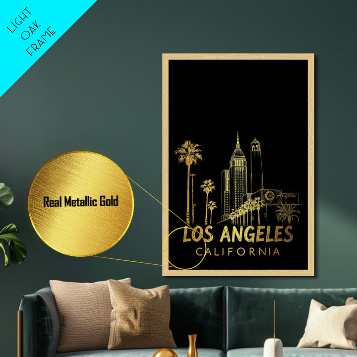 Los Angeles California art, Metallic Gold Art, Housewarming Gift, Metal Art, Wood Framed Art, Newlywed Travel Gift, Honeymoon Gift