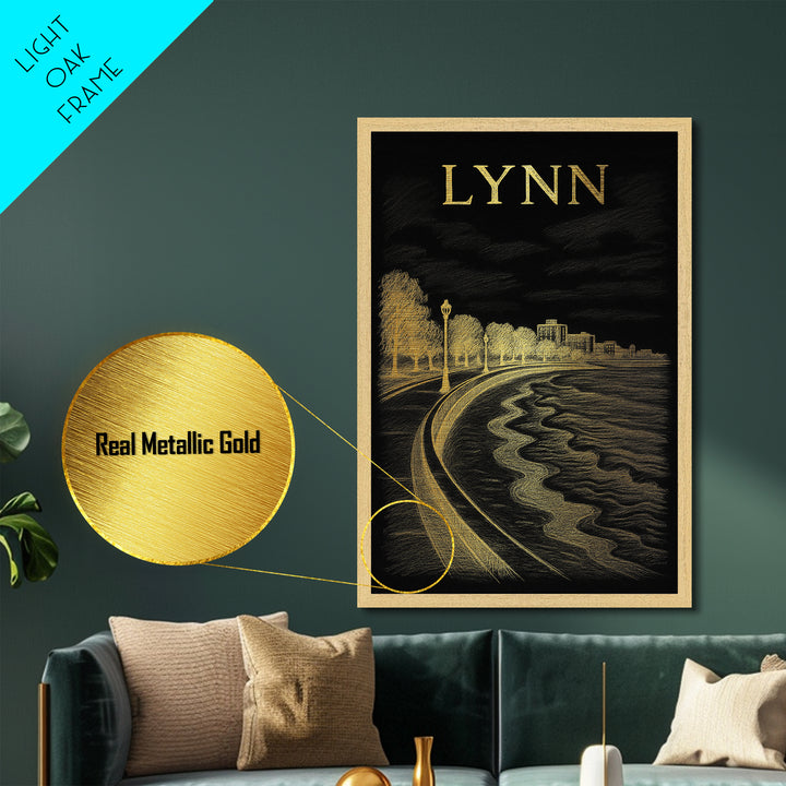 Lynn Massachusetts art, Metallic Gold Art, Modern Skyline Wall Print, Metal Art, Wood Framed Art, Adventure Lover Gift