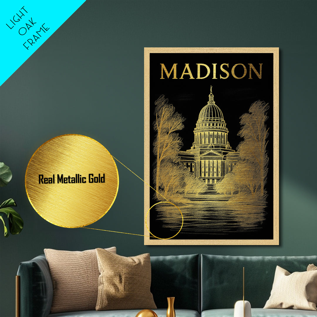 Madison Wisconsin travel, Metallic Gold Print, Modern House Art, Metal Art, Wood Framed Art, Wanderlust Gift