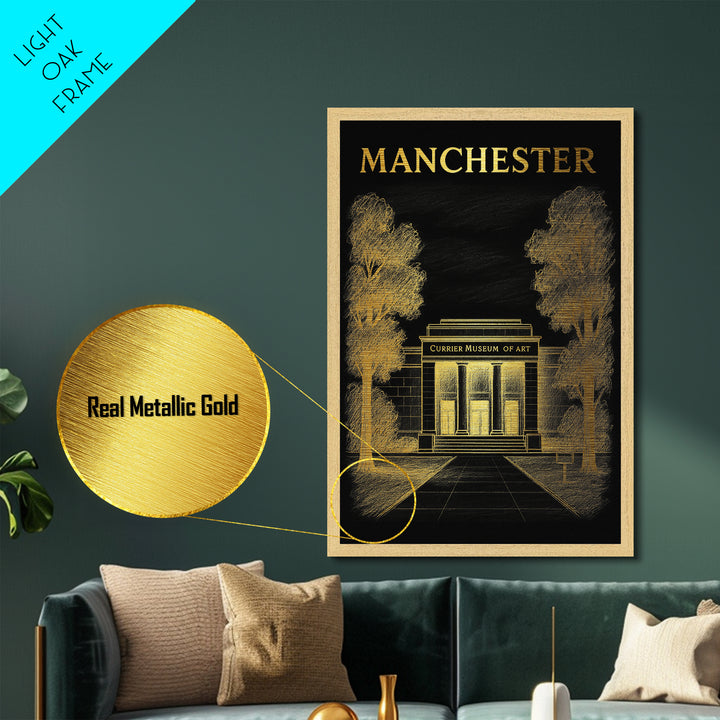 Manchester New Hampshire travel, Metallic Gold Print, Modern House Art, Metal Art, Wood Framed Art, Traveler Gift