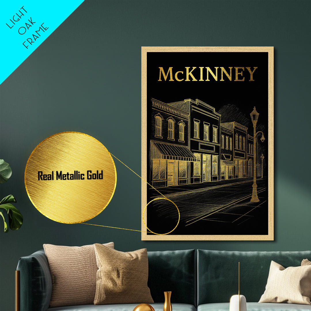 McKinney Texas travel, Metallic Gold Print, Modern Skyline Wall Print, Metal Art, Wood Framed Art, Adventure Lover Gift