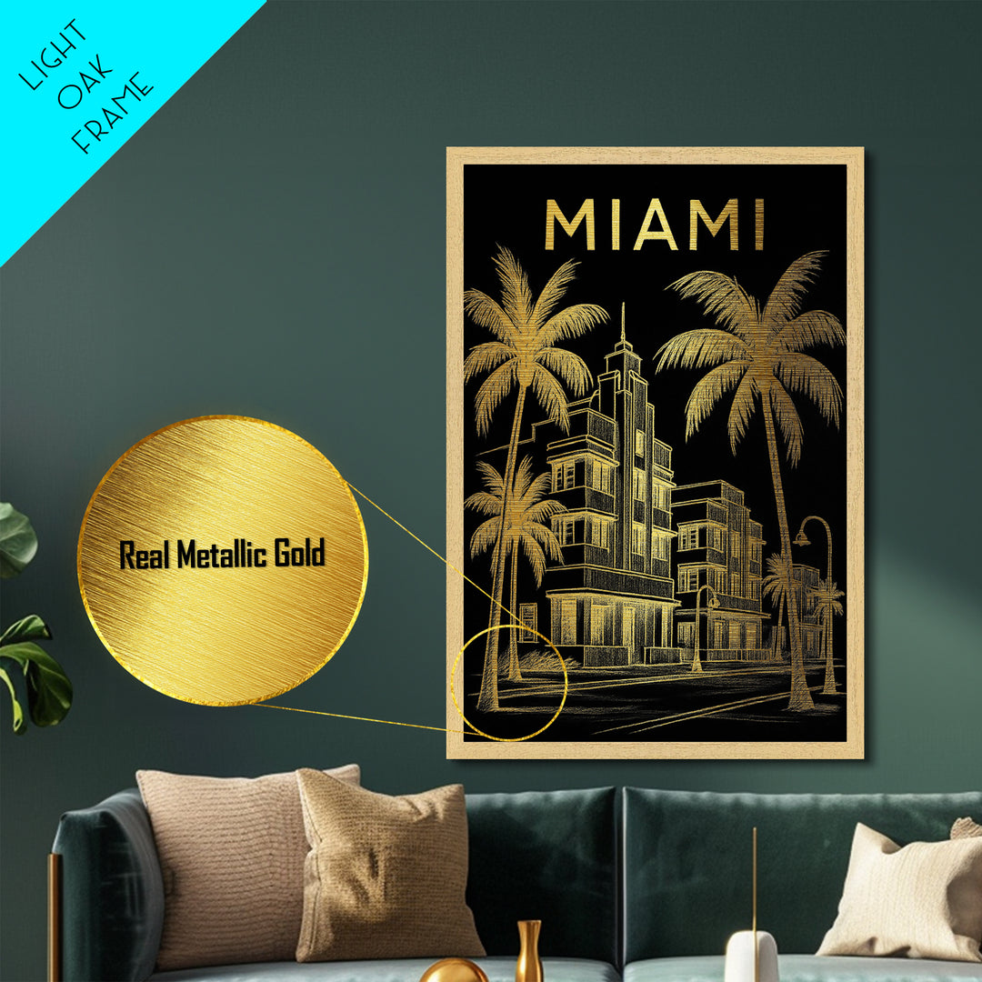 Miami Florida travel, Metallic Gold Print, Closing Gift, Metal Art, Wood Framed Art, Anniversary Travel Gift
