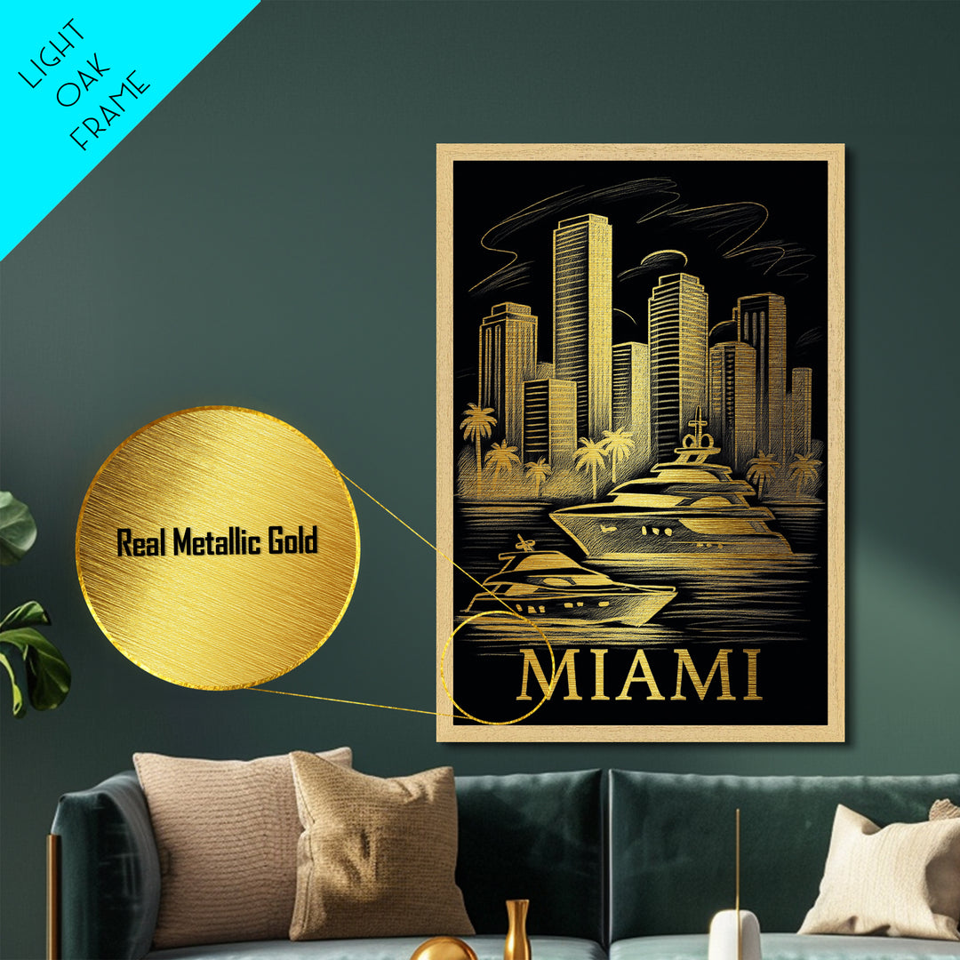 Miami Florida art, Metallic Gold Art, Office Decor, Metal Art, Wood Framed Art, Graduation Travel Gift