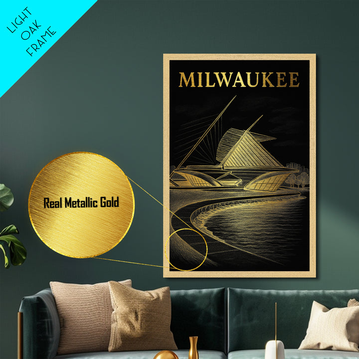 Milwaukee Wisconsin travel, Metallic Gold Print, College Dorm Décor, Metal Art, Wood Framed Art, Graduation Travel Gift
