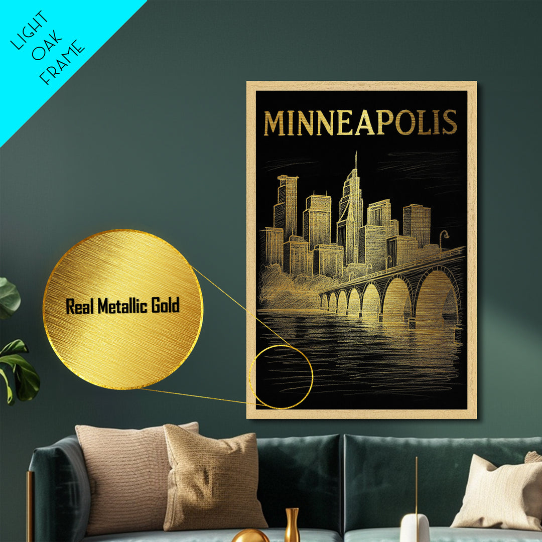 Minneapolis Minnesota travel, Metallic Gold Print, Modern Skyline Wall Print, Metal Art, Wood Framed Art, Adventure Lover Gift