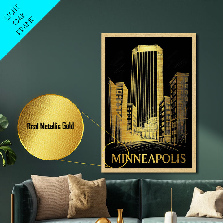 Minneapolis Minnesota art, Metallic Gold Art, Housewarming Gift, Metal Art, Wood Framed Art, Newlywed Travel Gift