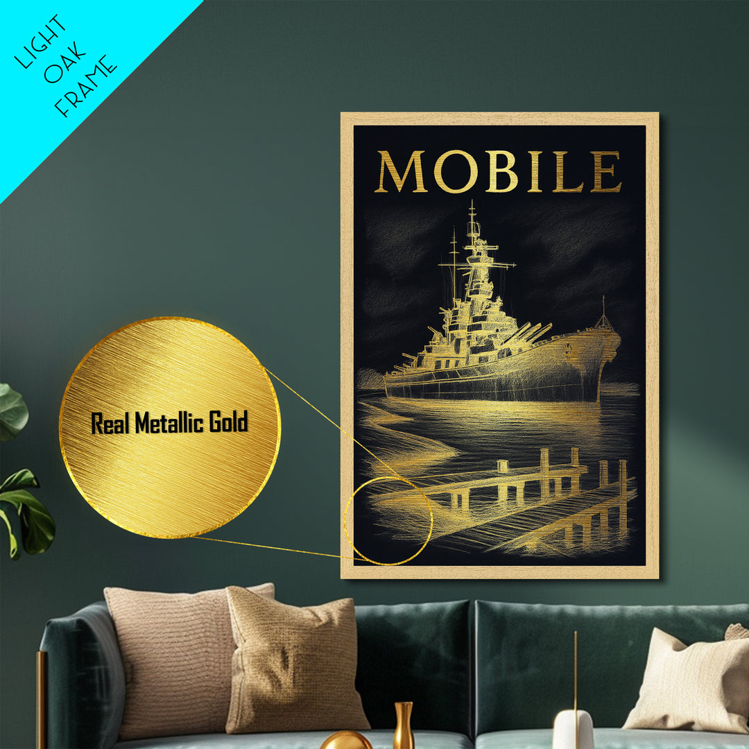 Mobile Alabama travel, Metallic Gold Print, Modern House Art, Metal Art, Wood Framed Art, Wanderlust Gift