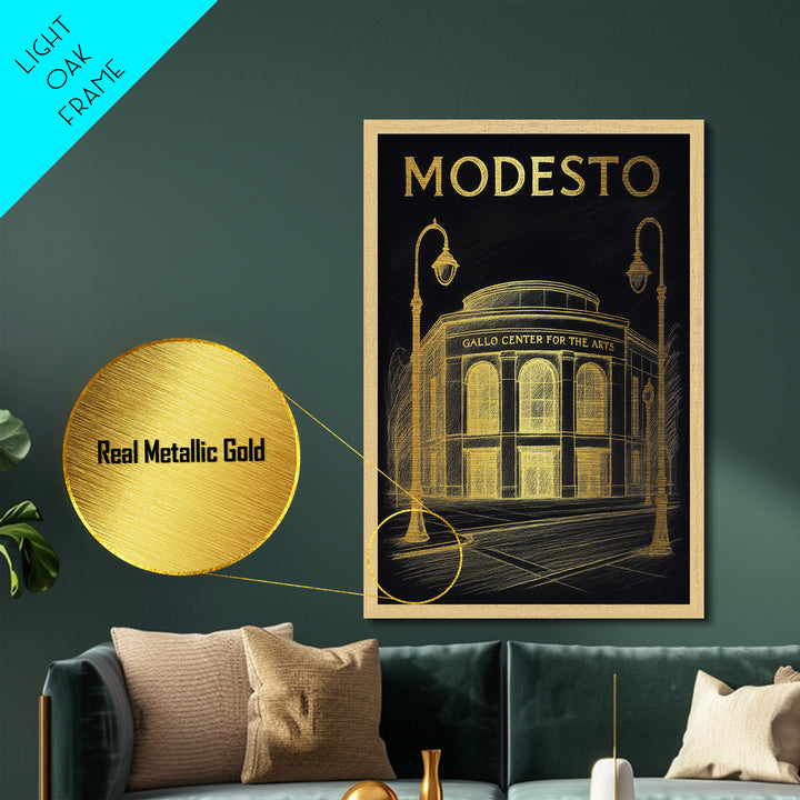 Modesto California travel, Metallic Gold Print, Modern House Art, Metal Art, Wood Framed Art, Traveler Gift