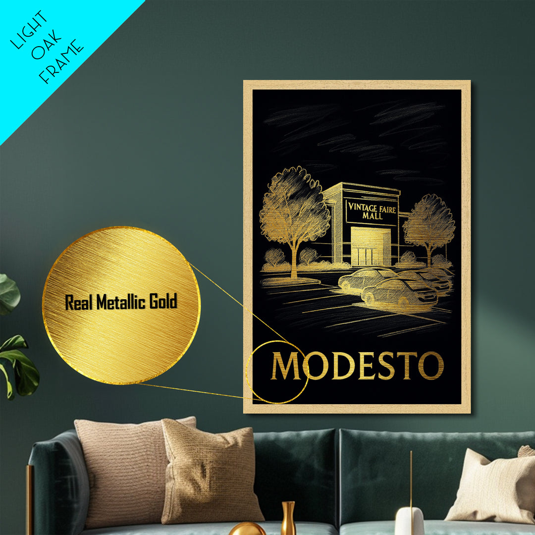 Modesto California art, Metallic Gold Art, Modern House Art, Metal Art, Wood Framed Art, Graduation Travel Gift