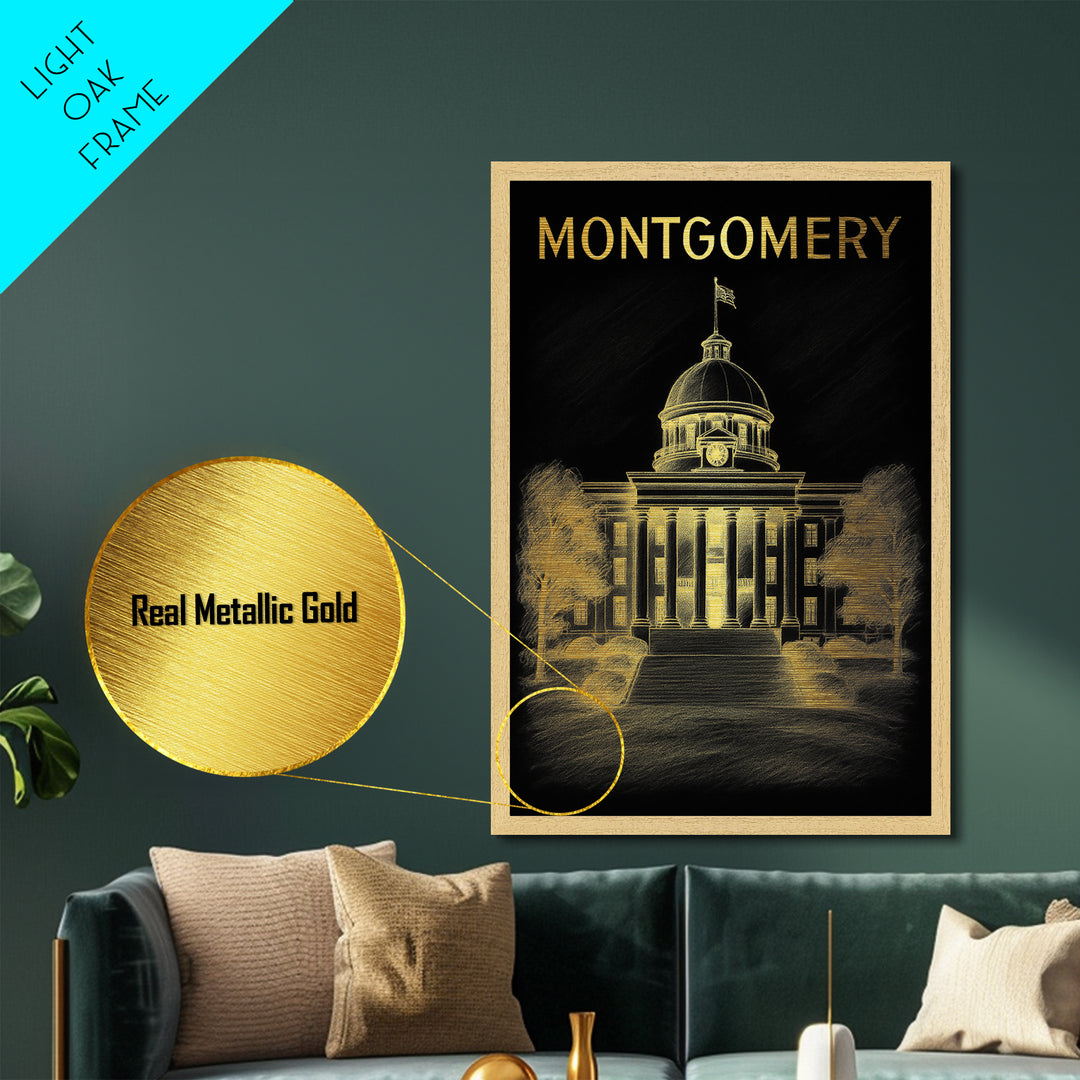 Montgomery Alabama travel, Metallic Gold Print, College Dorm Décor, Metal Art, Wood Framed Art, Graduation Travel Gift