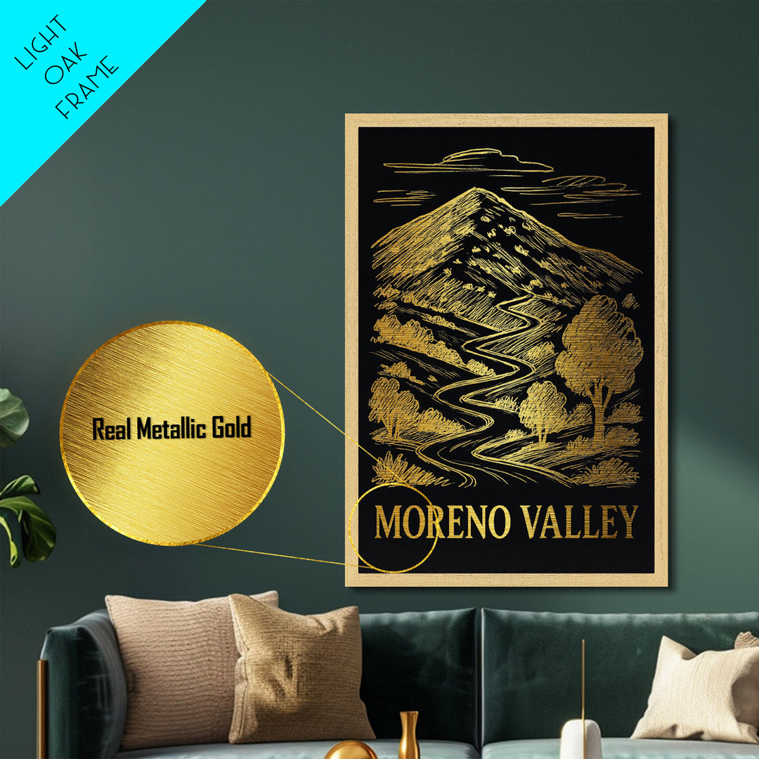 Moreno Valley California art, Metallic Gold Art, Housewarming Gift, Metal Art, Wood Framed Art, Newlywed Travel Gift