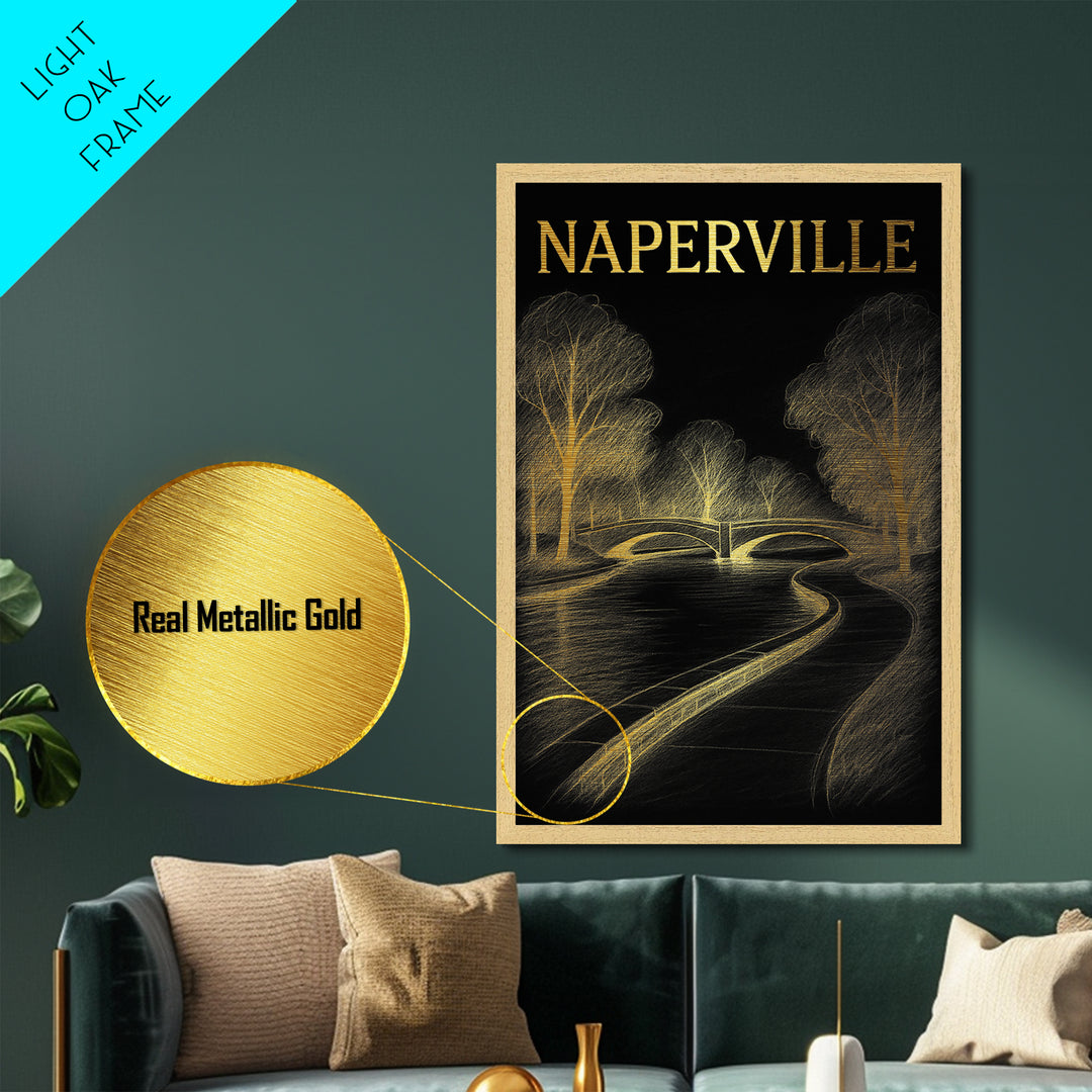Naperville Illinois travel, Metallic Gold Print, College Dorm Décor, Metal Art, Wood Framed Art, Graduation Travel Gift, Traveler Gift