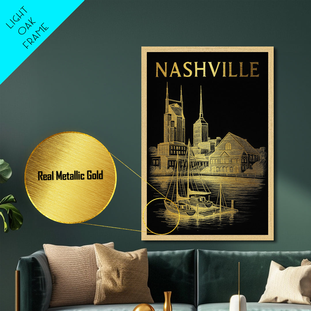 Nashville Tennessee travel, Metallic Gold Print, Modern Skyline Wall Print, Metal Art, Wood Framed Art, Adventure Lover Gift, Travel Gift