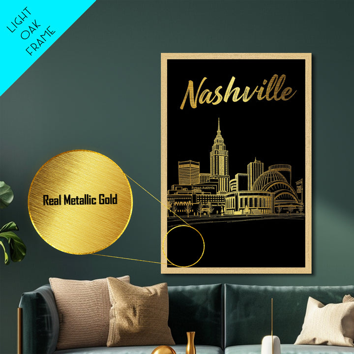 Nashville Tennessee art, Metallic Gold Art, Housewarming Gift, Metal Art, Wood Framed Art, Newlywed Travel Gift, Honeymoon Gift