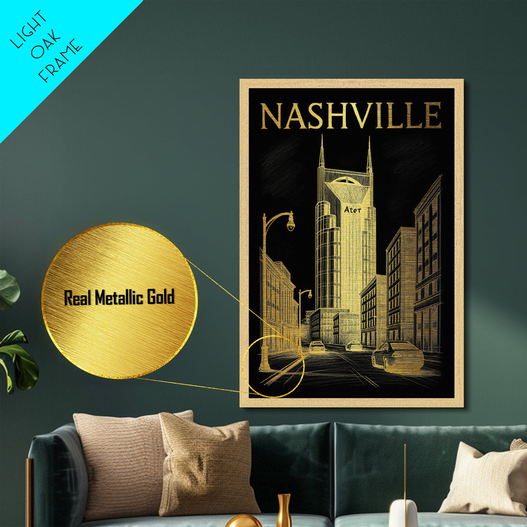 Nashville Tennessee travel, Metallic Gold Print, Closing Gift, Metal Art, Wood Framed Art, Anniversary Travel Gift, Retirement Travel Gift