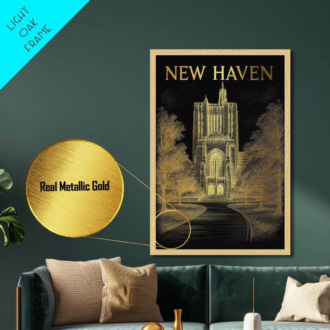 New Haven Connecticut art, Metallic Gold Art, Housewarming Gift, Metal Art, Wood Framed Art, Newlywed Travel Gift, Honeymoon Gift