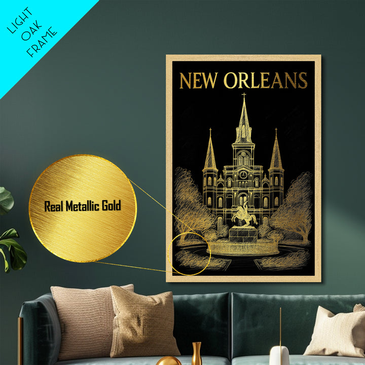 New Orleans Louisiana art, Metallic Gold Art, Office Decor, Metal Art, Wood Framed Art, Graduation Travel Gift, Destination Gift