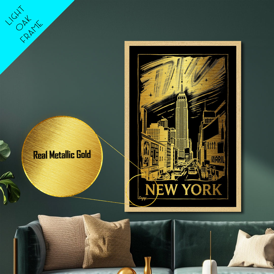 New York New York travel, Metallic Gold Print, Modern Skyline Wall Print, Metal Art, Wood Framed Art, Adventure Lover Gift, Travel Gift