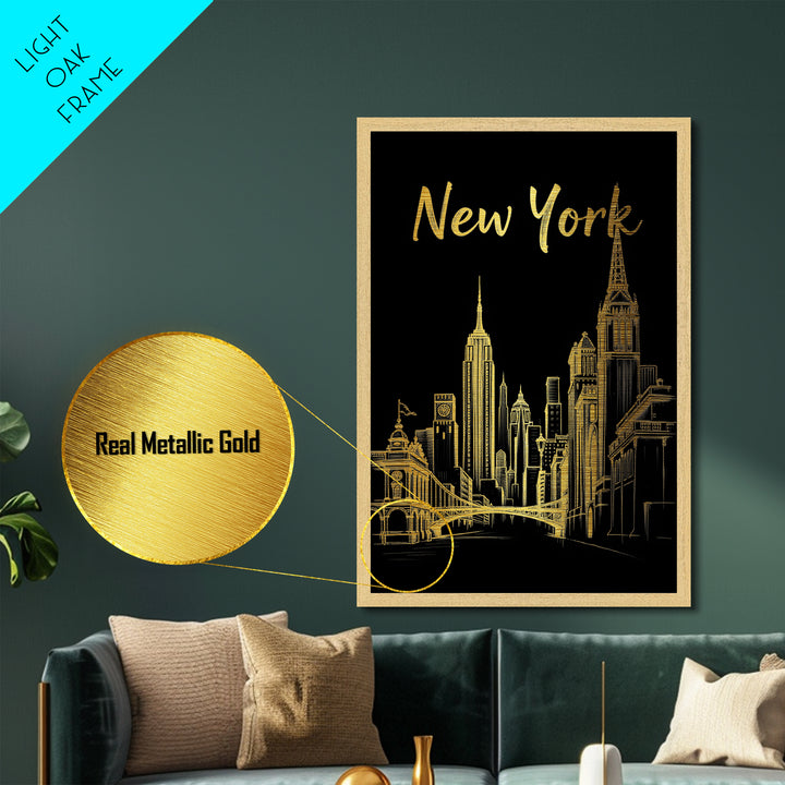 New York New York art, Metallic Gold Art, Housewarming Gift, Metal Art, Wood Framed Art, Newlywed Travel Gift, Honeymoon Gift