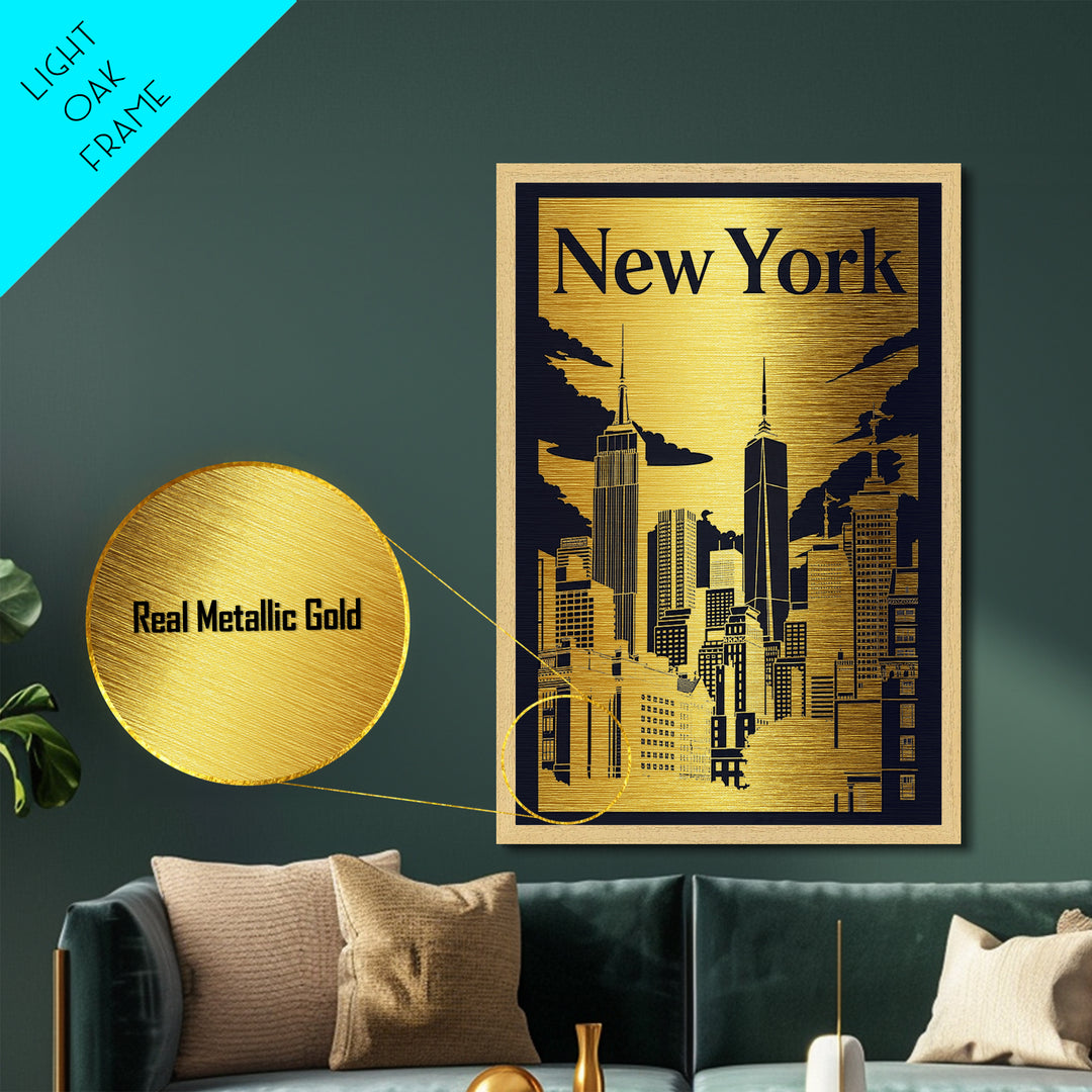 New York New York travel, Metallic Gold Print, Closing Gift, Metal Art, Wood Framed Art, Anniversary Travel Gift, Retirement Travel Gift