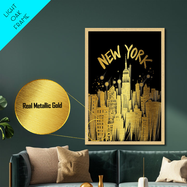 New York New York art, Metallic Gold Art, Office Decor, Metal Art, Wood Framed Art, Graduation Travel Gift, Destination Gift