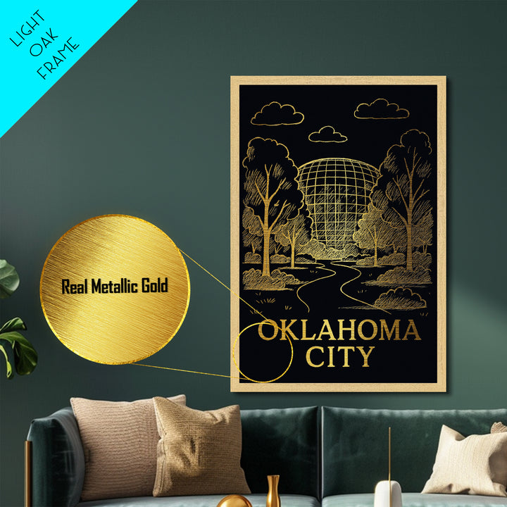 Oklahoma City Oklahoma art, metallic gold, wood framed art, white and gold, Metal Art, Office Decor, Metallic Gold Art