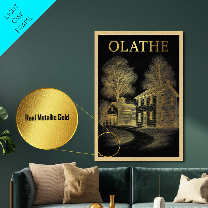 Olathe Kansas travel, Metallic Gold Print, Modern House Art, Metal Art, Wood Framed Art, Wanderlust Gift, Travel Art Prints