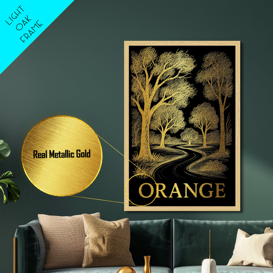 Orange California art, Metallic Gold Art, Housewarming Gift, Metal Art, Wood Framed Art, Newlywed Travel Gift, Honeymoon Gift
