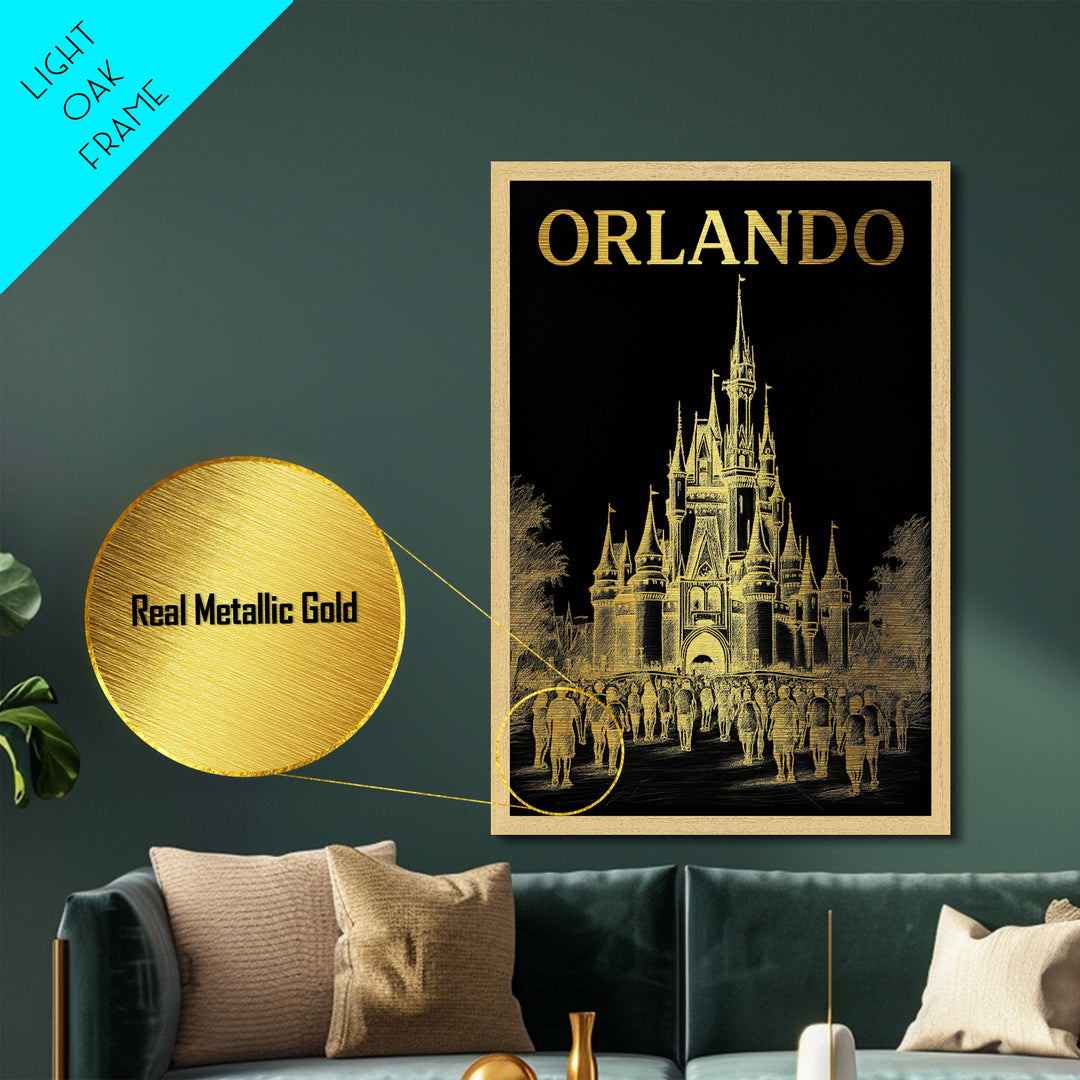 Orlando Florida travel, Metallic Gold Print, Closing Gift, Metal Art, Wood Framed Art, Anniversary Travel Gift, Retirement Travel Gift
