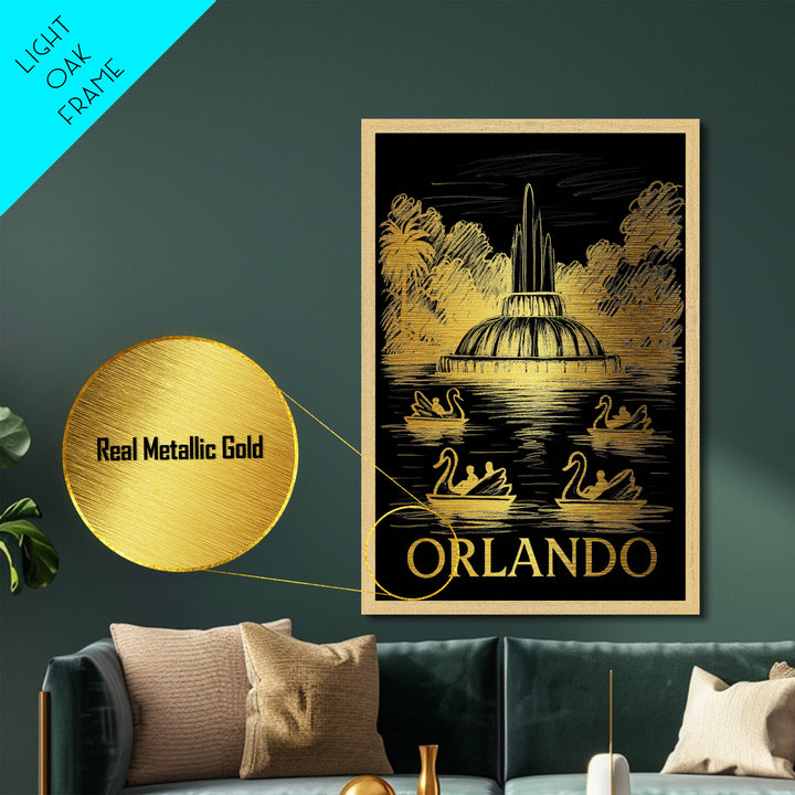 Orlando Florida art, Metallic Gold Art, Office Decor, Metal Art, Wood Framed Art, Graduation Travel Gift, Destination Gift