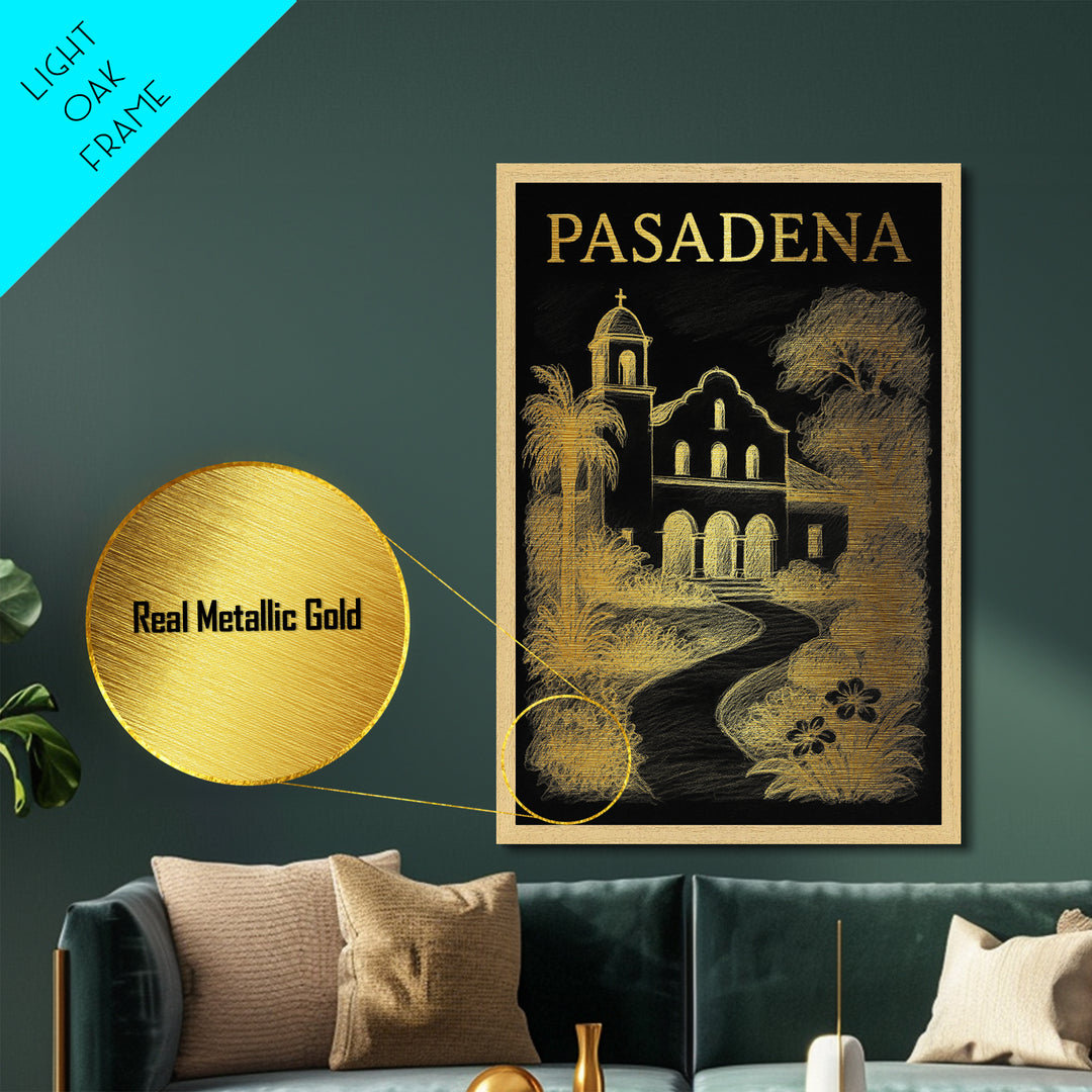Pasadena California travel, Metallic Gold Print, Closing Gift, Metal Art, Wood Framed Art, Anniversary Travel Gift, Retirement Travel Gift
