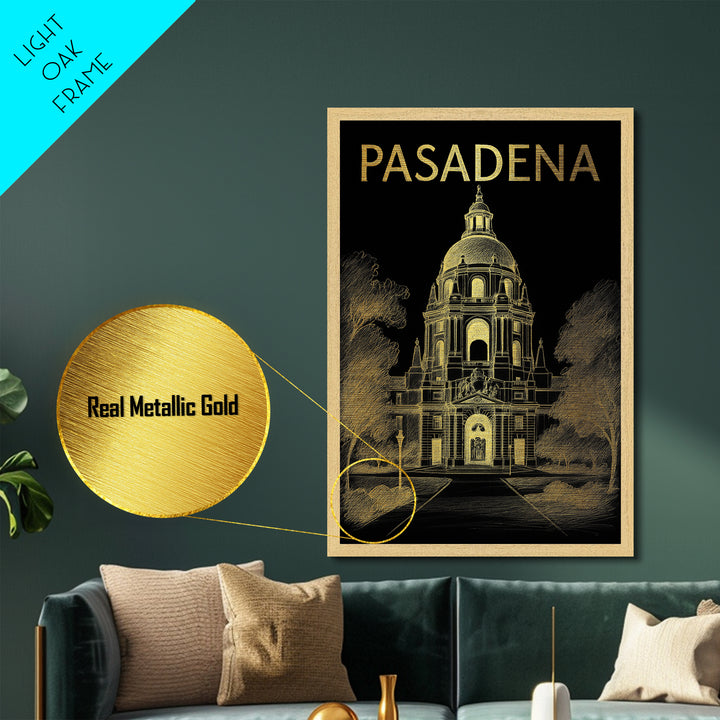Pasadena California art, Metallic Gold Art, Office Decor, Metal Art, Wood Framed Art, Graduation Travel Gift, Destination Gift
