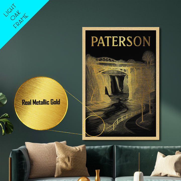 Paterson New Jersey travel, Metallic Gold Print, Modern House Art, Metal Art, Wood Framed Art, Traveler Gift, Destination Gift