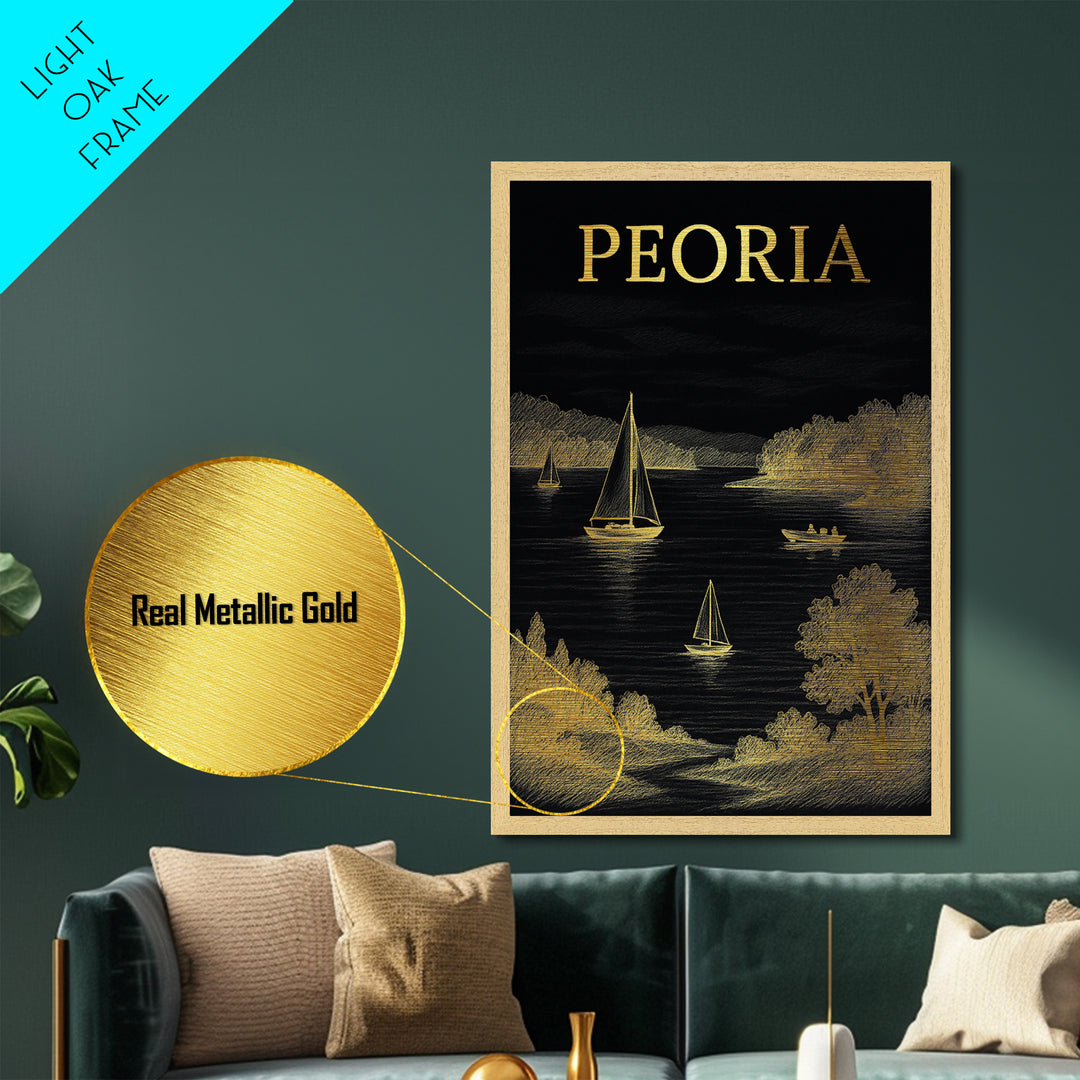Peoria Illinois travel, Metallic Gold Print, Closing Gift, Metal Art, Wood Framed Art, Anniversary Travel Gift, Retirement Travel Gift