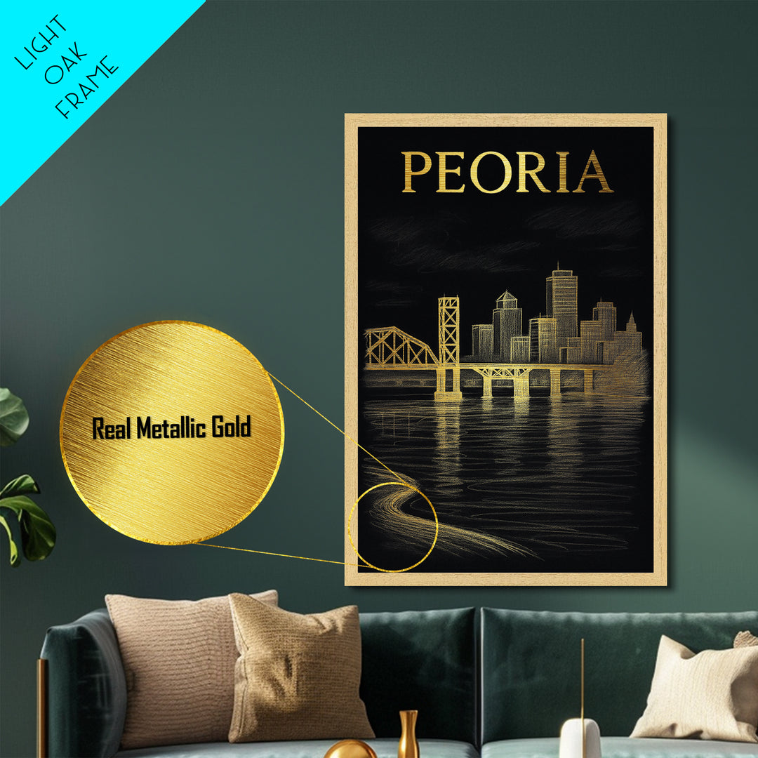 Peoria Illinois art, Metallic Gold Art, Office Decor, Metal Art, Wood Framed Art, Graduation Travel Gift, Destination Gift