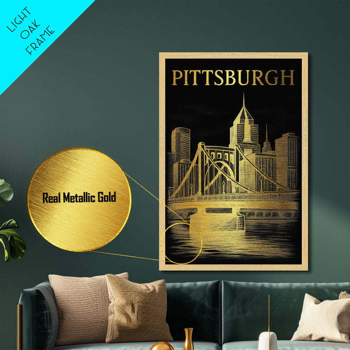 Pittsburgh Pennsylvania travel, Metallic Gold Print, Modern Skyline Wall Print, Metal Art, Wood Framed Art, Adventure Lover Gift