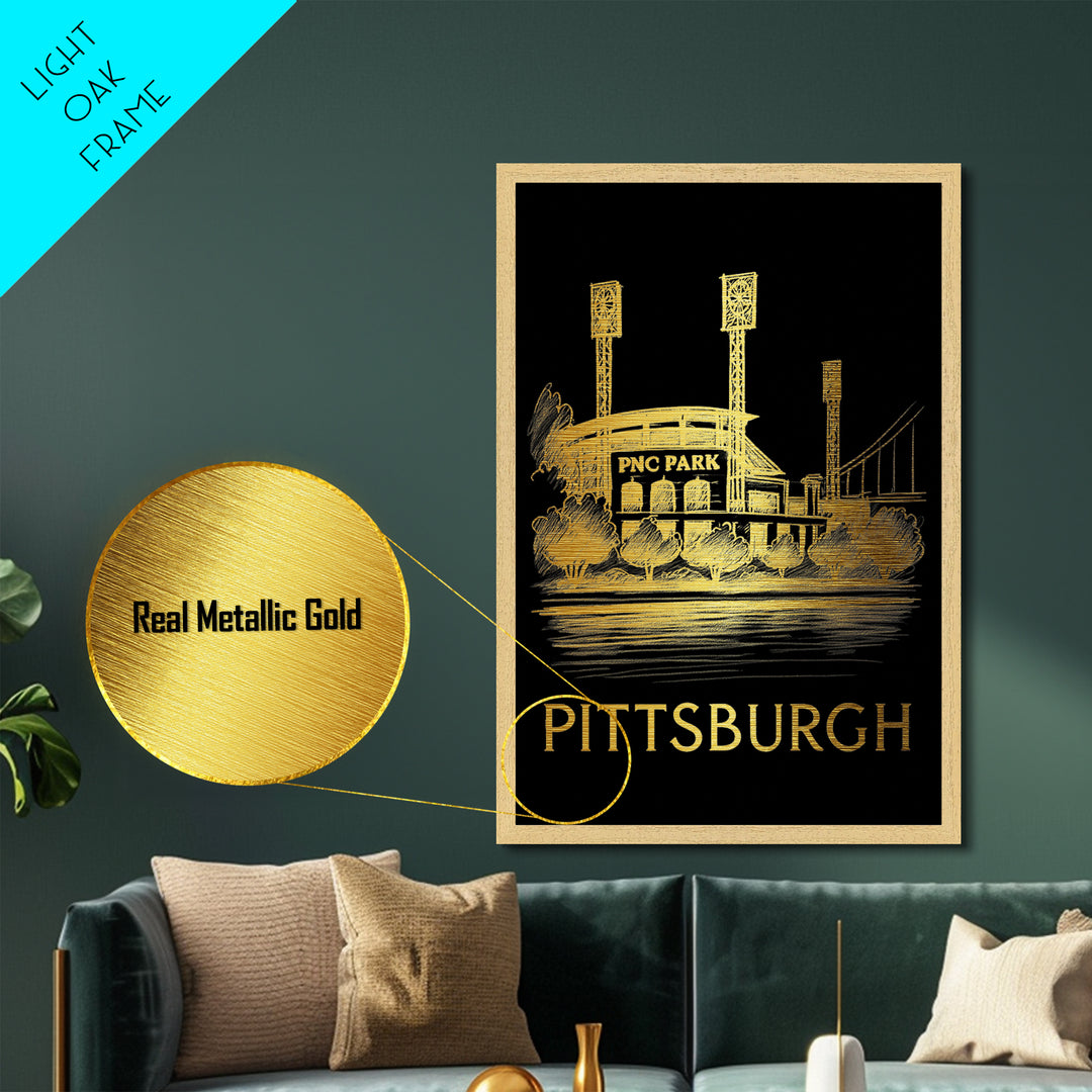 Pittsburgh Pennsylvania art, Metallic Gold Art, Housewarming Gift, Metal Art, Wood Framed Art, Newlywed Travel Gift, Honeymoon Gift