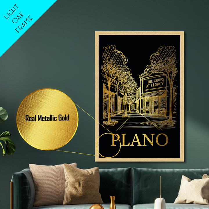 Plano Texas art, Metallic Gold Art, Office Decor, Metal Art, Wood Framed Art, Graduation Travel Gift, Destination Gift