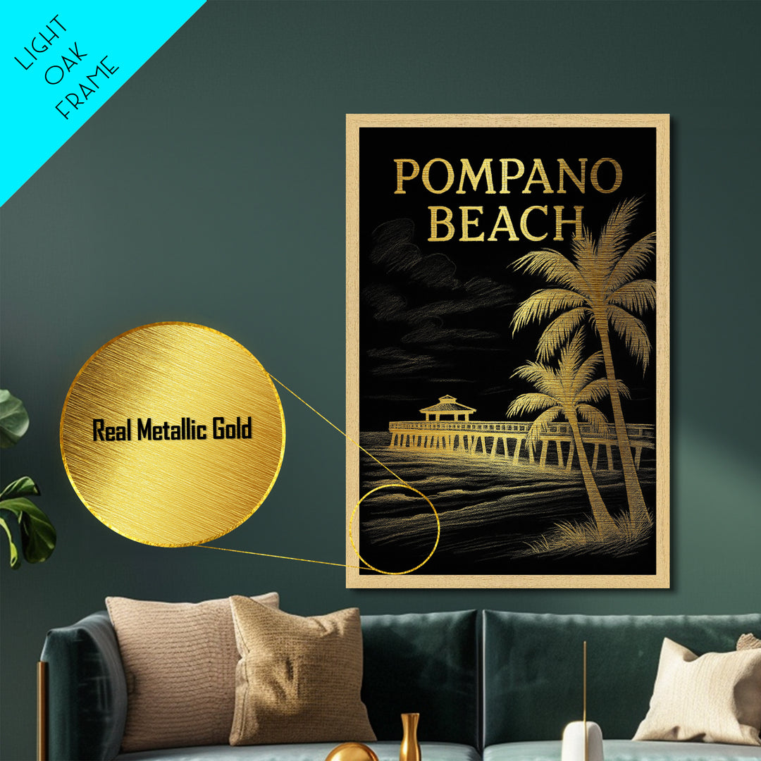 Pompano Beach Florida travel, Metallic Gold Print, Modern House Art, Metal Art, Wood Framed Art, Traveler Gift, Destination Gift